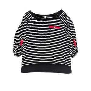 Chocolate USA Womens Large Black White Striped 3/4 Sleeve Button Tab Top Trim